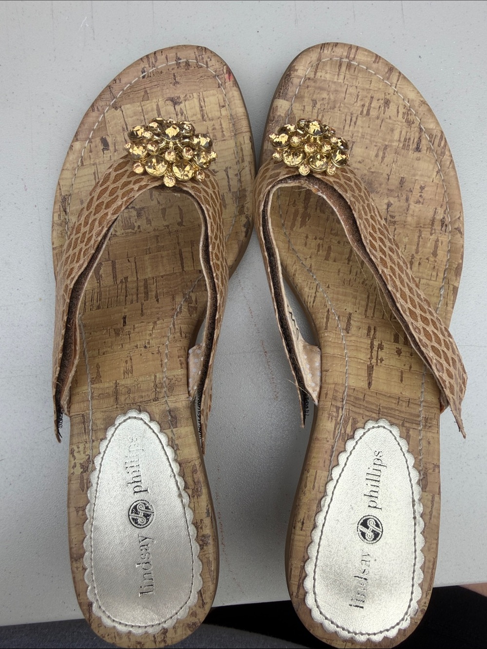 lindsay phillips Tan Textured Thong Sandals with Gold Jewel Accent